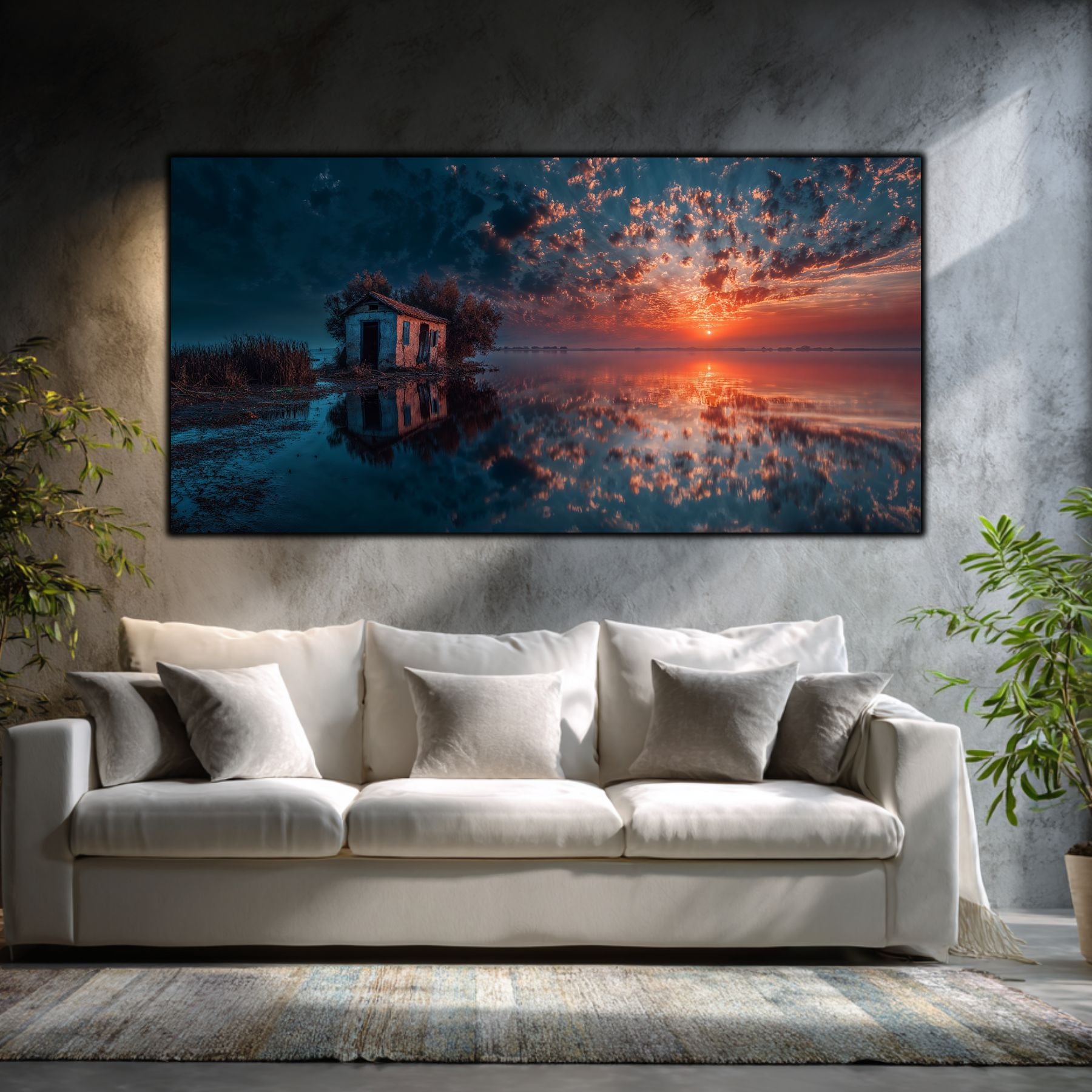 Tablouri Sufragerie Sticlă – Shoreline Refuge, mockup interior cu tablou pe sticlă securizată