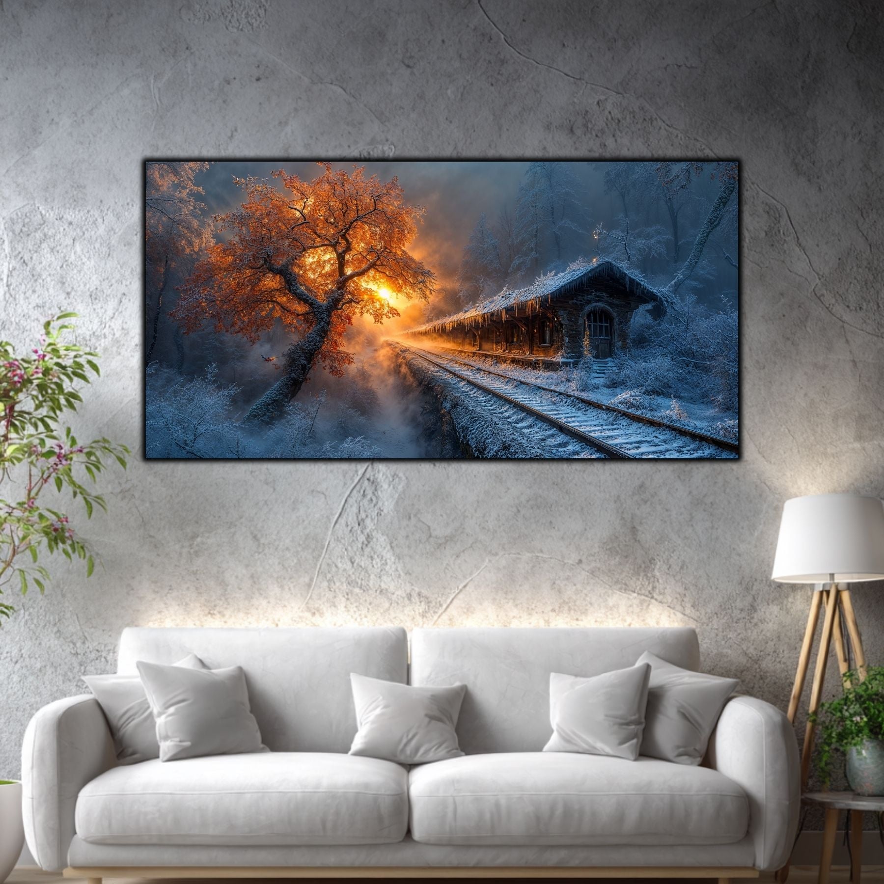 Tablou mare pentru living „Station at Dusk” – peisaj de iarnă în amenajare interioară