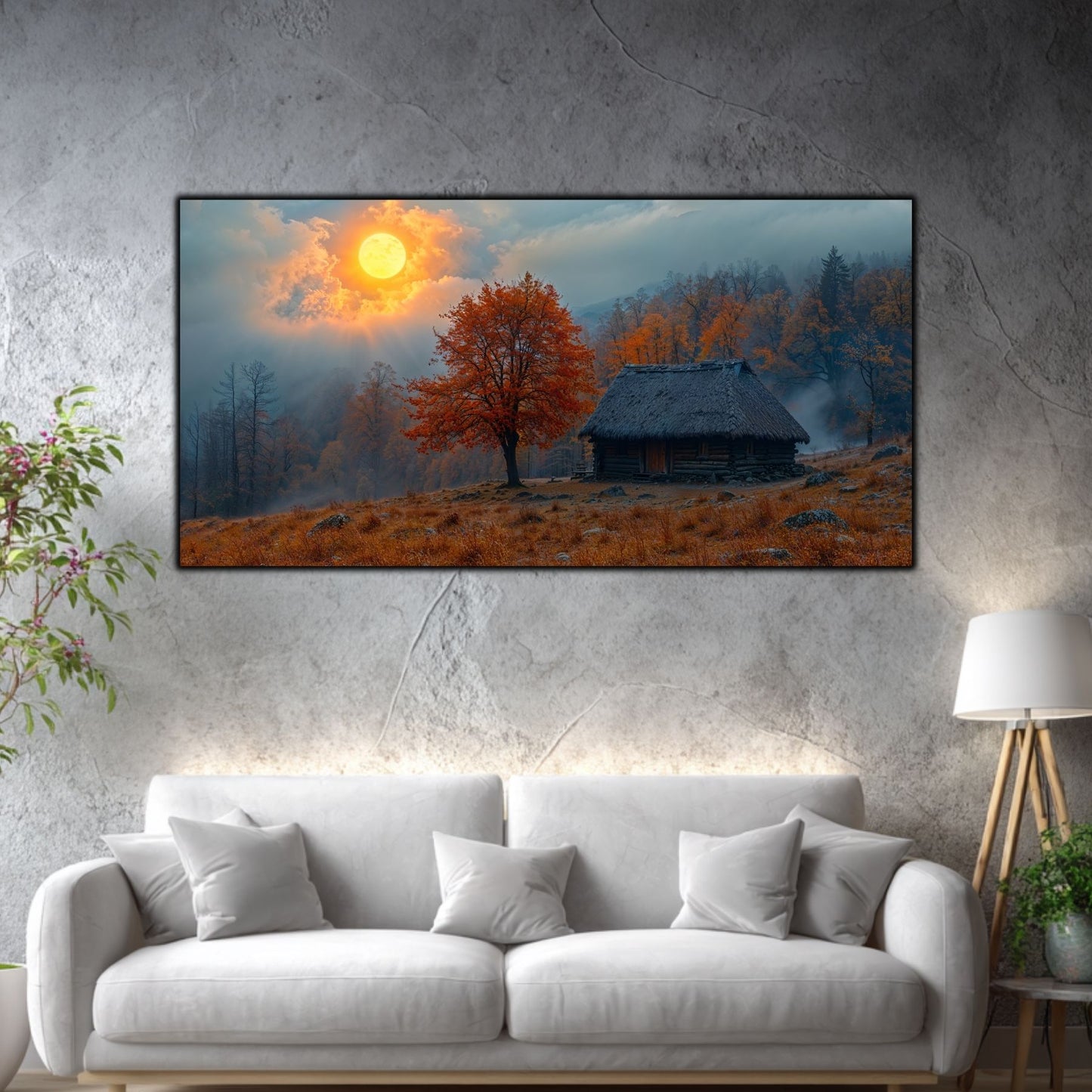 Tablou mare pentru living „The Orange Tree” – peisaj de iarnă în amenajare interioară