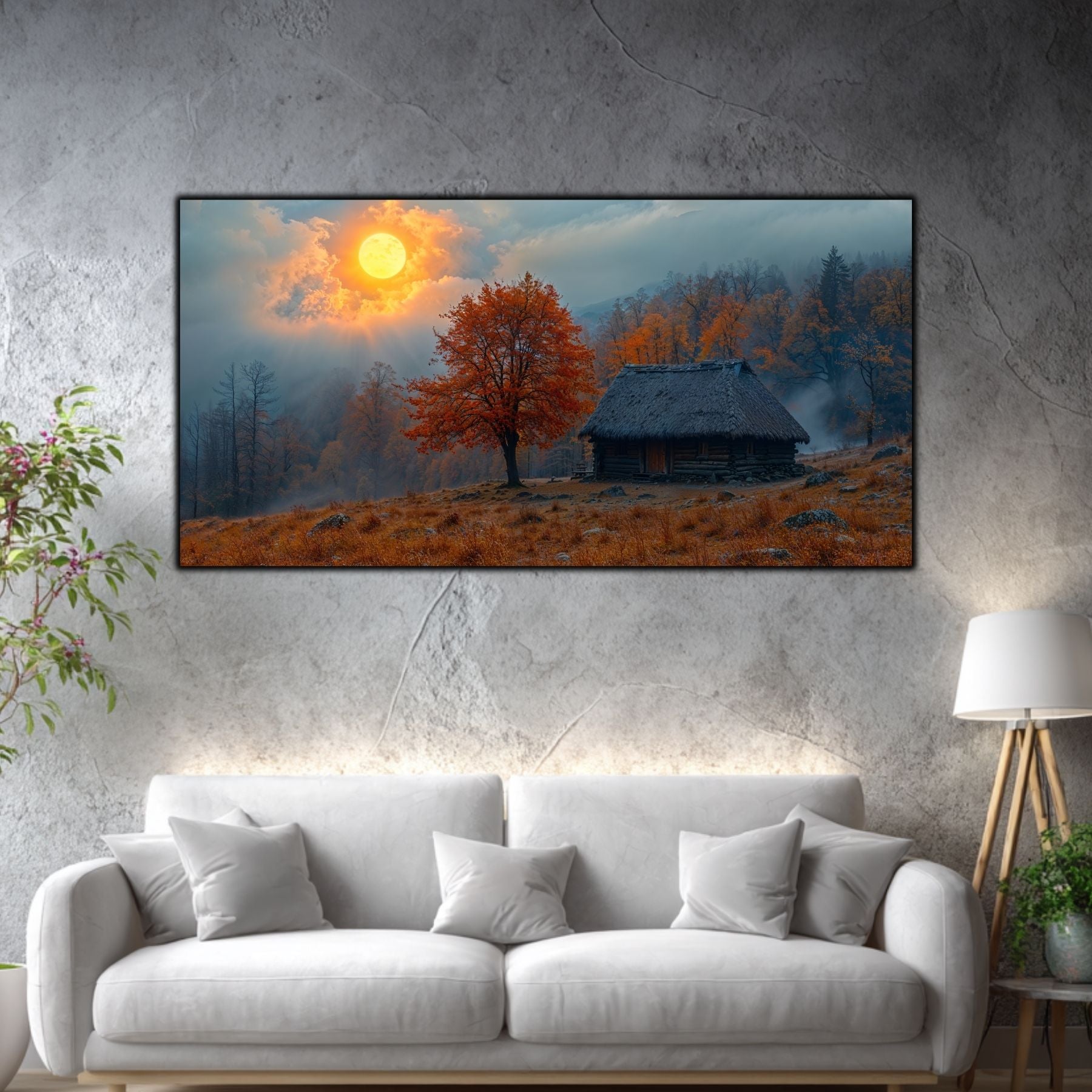 Tablou mare pentru living „The Orange Tree” – peisaj de iarnă în amenajare interioară