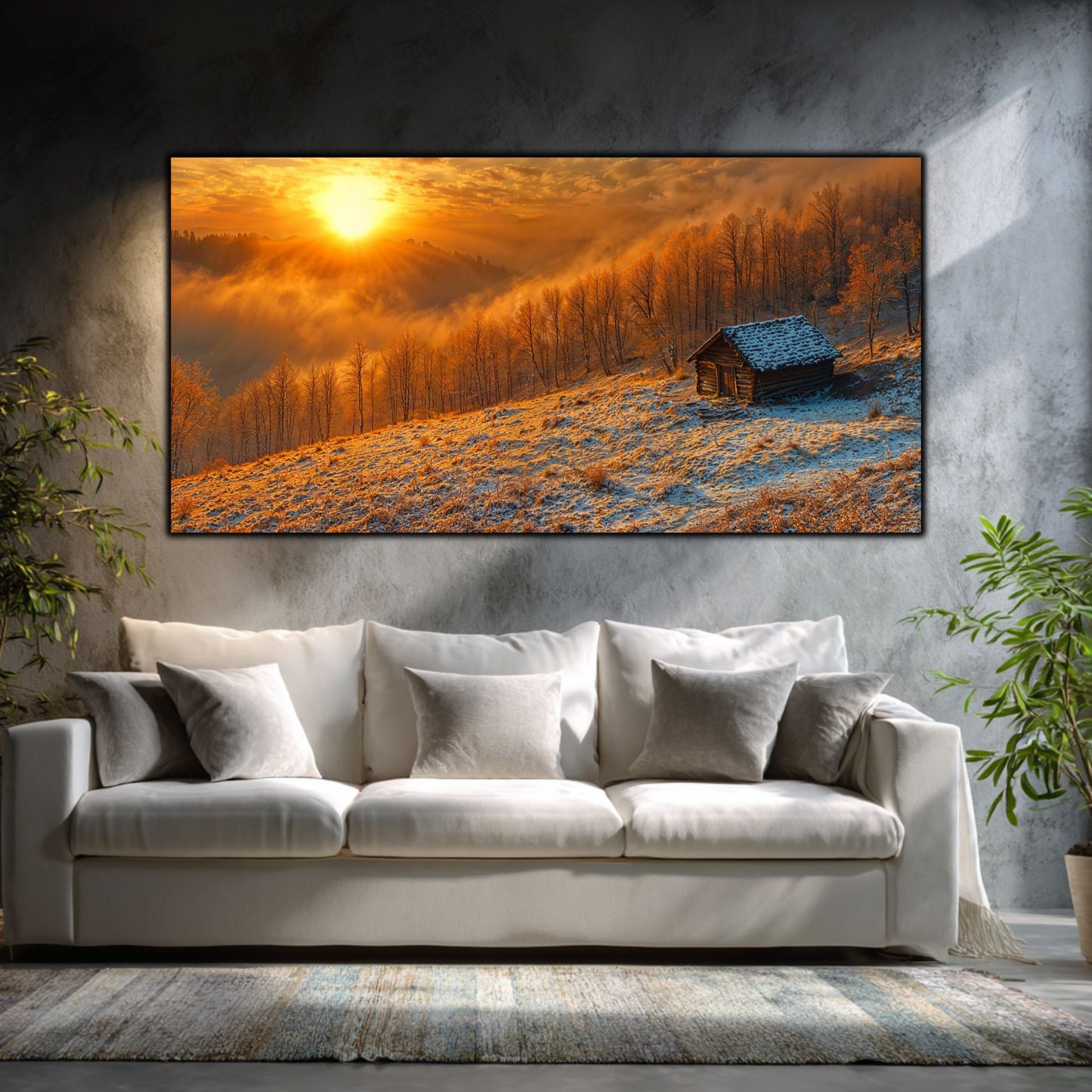Tablouri moderne sufragerie „The Winter Sun” pe sticlă securizată – mockup într-un living contemporan