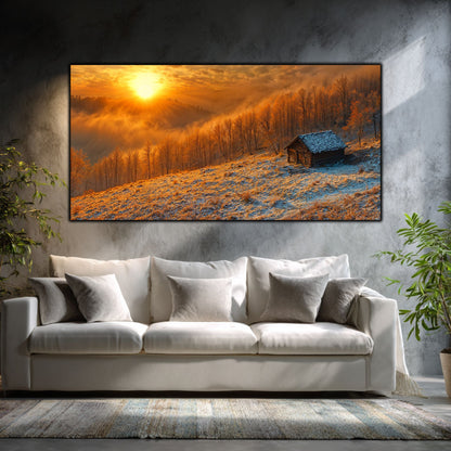 Tablouri moderne sufragerie „The Winter Sun” pe sticlă securizată – mockup într-un living contemporan