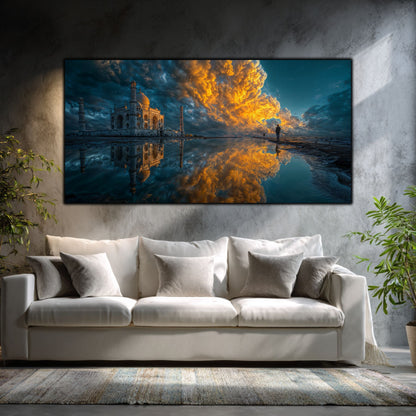 Tablouri Sufragerie Sticlă – The Gilded Shore, mockup interior cu tablou pe sticlă securizată