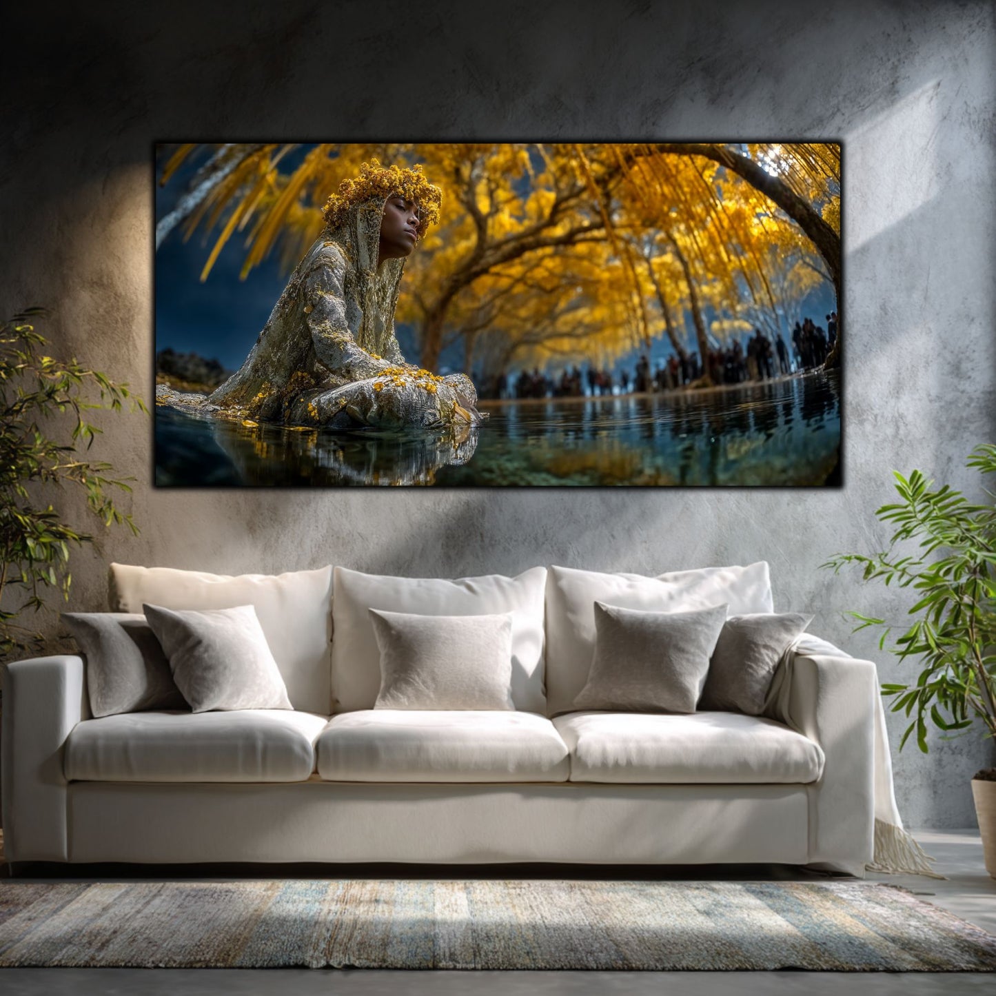 Tablouri Sufragerie Sticlă – The Golden Stillness, mockup interior cu tablou pe sticlă securizată