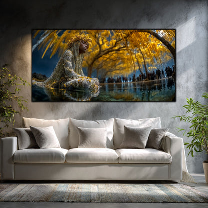 Tablouri Sufragerie Sticlă – The Golden Stillness, mockup interior cu tablou pe sticlă securizată