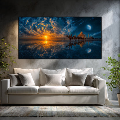 Tablouri Sufragerie Sticlă – Sun Beyond the Tide, mockup interior cu tablou pe sticlă securizată