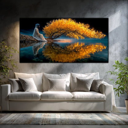 Tablouri Sufragerie Sticlă – The Tree That Remembers, mockup interior cu tablou pe sticlă securizată
