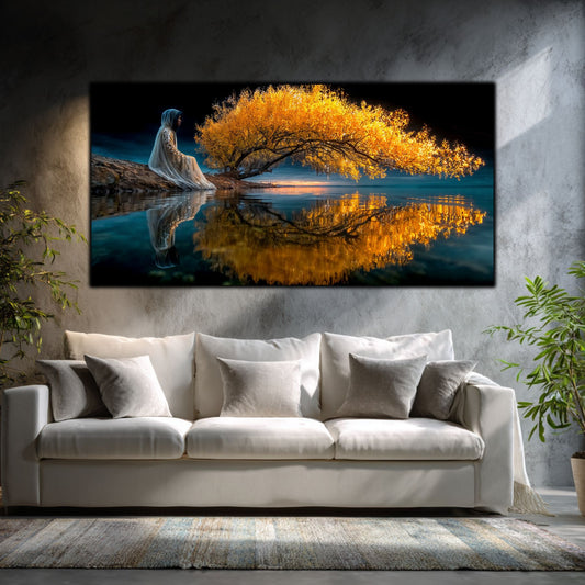 Tablouri Sufragerie Sticlă – The Tree That Remembers, mockup interior cu tablou pe sticlă securizată