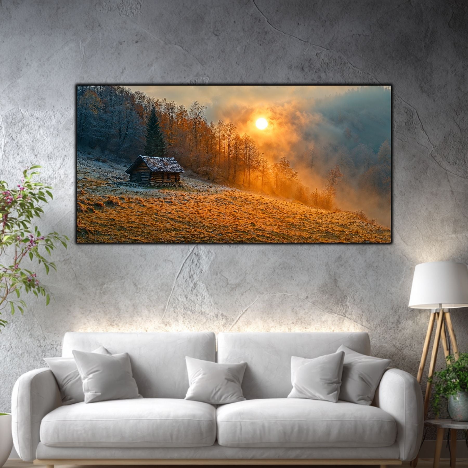 Tablou mare pentru living „Cabin Under Amber” – peisaj de iarnă în amenajare interioară