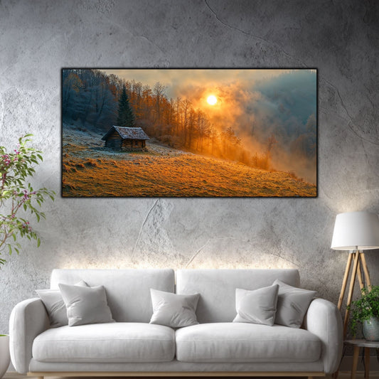 Tablou mare pentru living „Cabin Under Amber” – peisaj de iarnă în amenajare interioară
