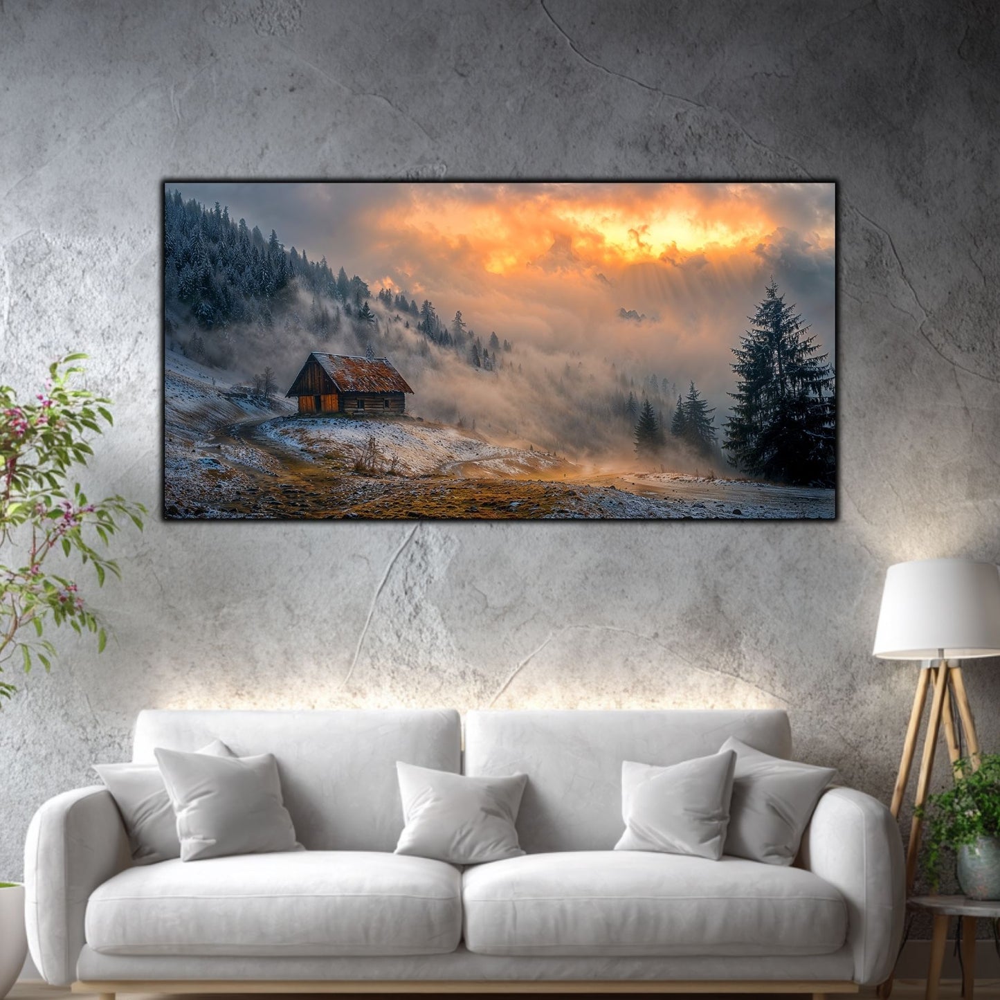 Tablou mare pentru living „The Long Thaw” – peisaj de iarnă în amenajare interioară