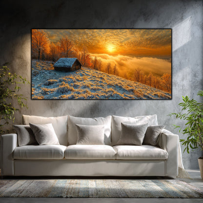Tablouri moderne sufragerie „Before the Last Light” pe sticlă securizată – mockup într-un living contemporan