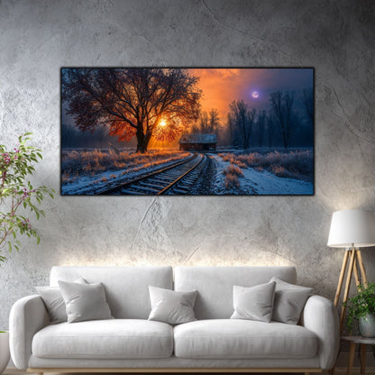 Tablou mare pentru living „The Road That Waited” – peisaj de iarnă în amenajare interioară