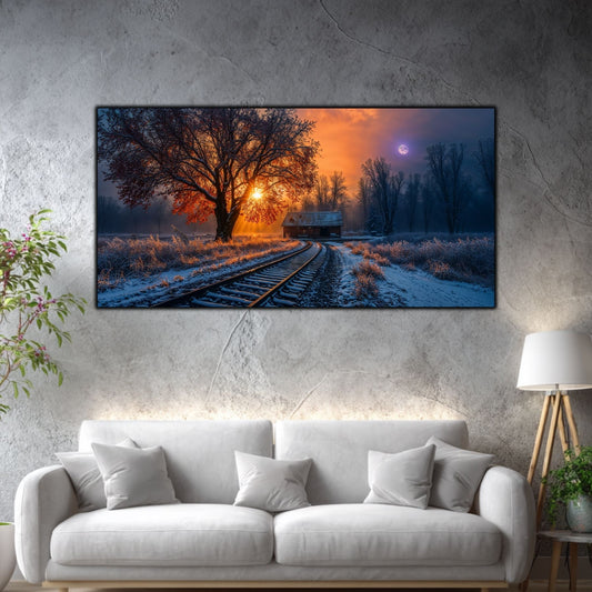 Tablou mare pentru living „The Road That Waited” – peisaj de iarnă în amenajare interioară