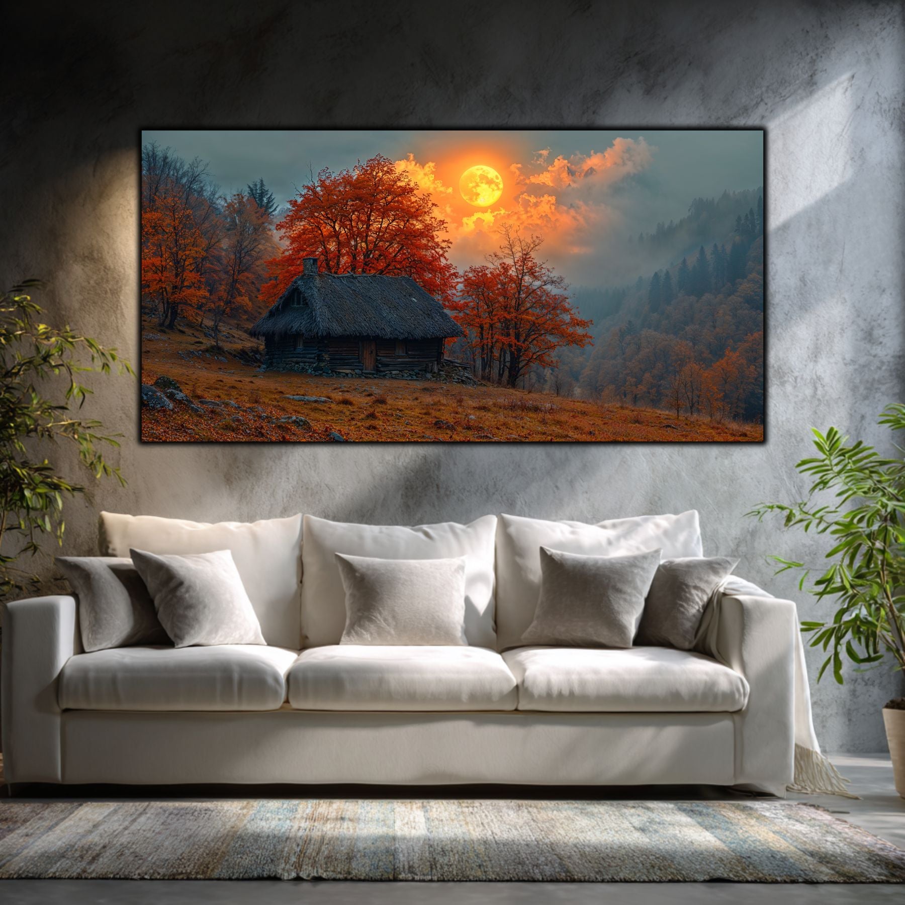 Tablouri moderne sufragerie „Moon Over the Cabin” pe sticlă securizată – mockup într-un living contemporan