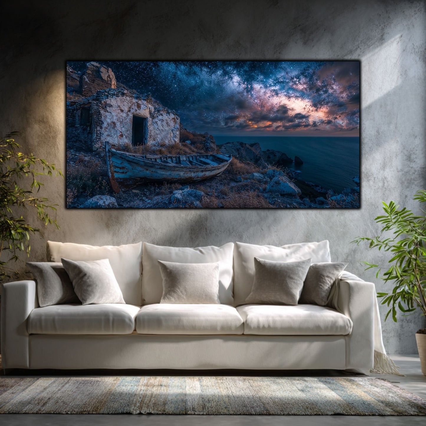 Tablouri Sufragerie Sticlă – The Boat and the Sky, mockup interior cu tablou pe sticlă securizată