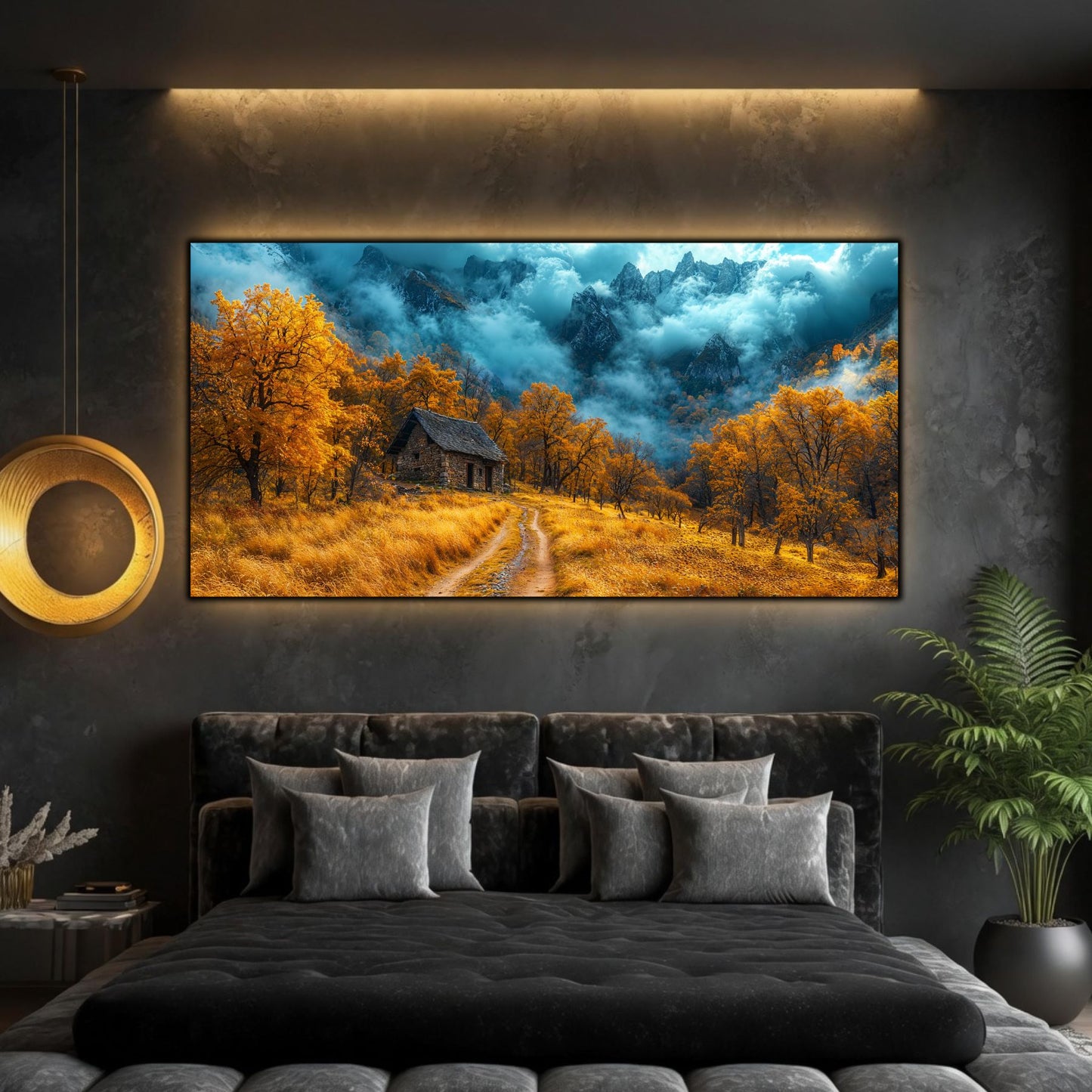 Tablou modern pentru sufragerie „Autumn Under the Mountain” – peisaj din The Long Way Home în amenajare interioară