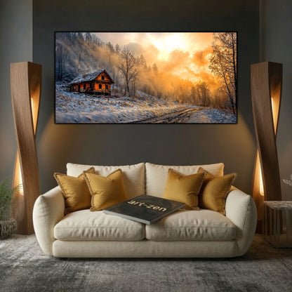 Tablou modern pentru sufragerie „Where the Road Ends” – mockup decorativ cu drum, casă sau gară uitată