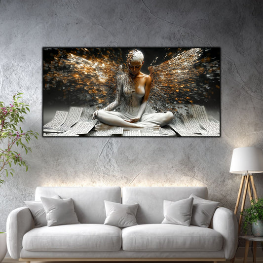 Tablou decorativ living Memoria Tăcerii, figură meditativă cu pagini și aripi aurii, deasupra canapelei albe.