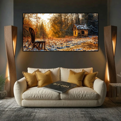 Tablou modern pentru sufragerie „The Abandoned Chair” – mockup decorativ cu drum, casă sau gară uitată