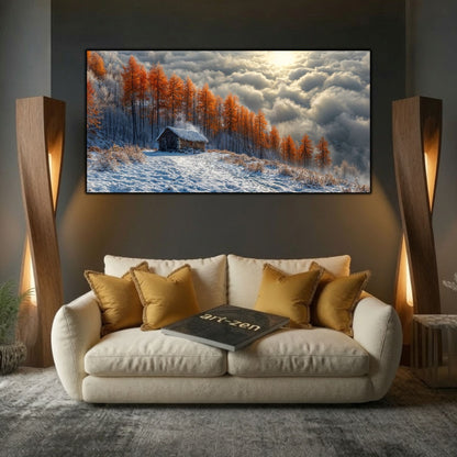 Tablou modern pentru sufragerie „After the Snowfall” – mockup decorativ cu drum, casă sau gară uitată