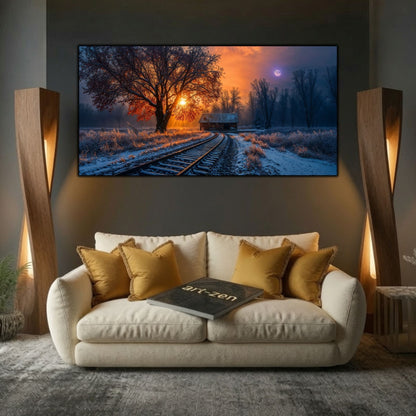 Tablou modern pentru sufragerie „The Road That Waited” – mockup decorativ cu drum, casă sau gară uitată