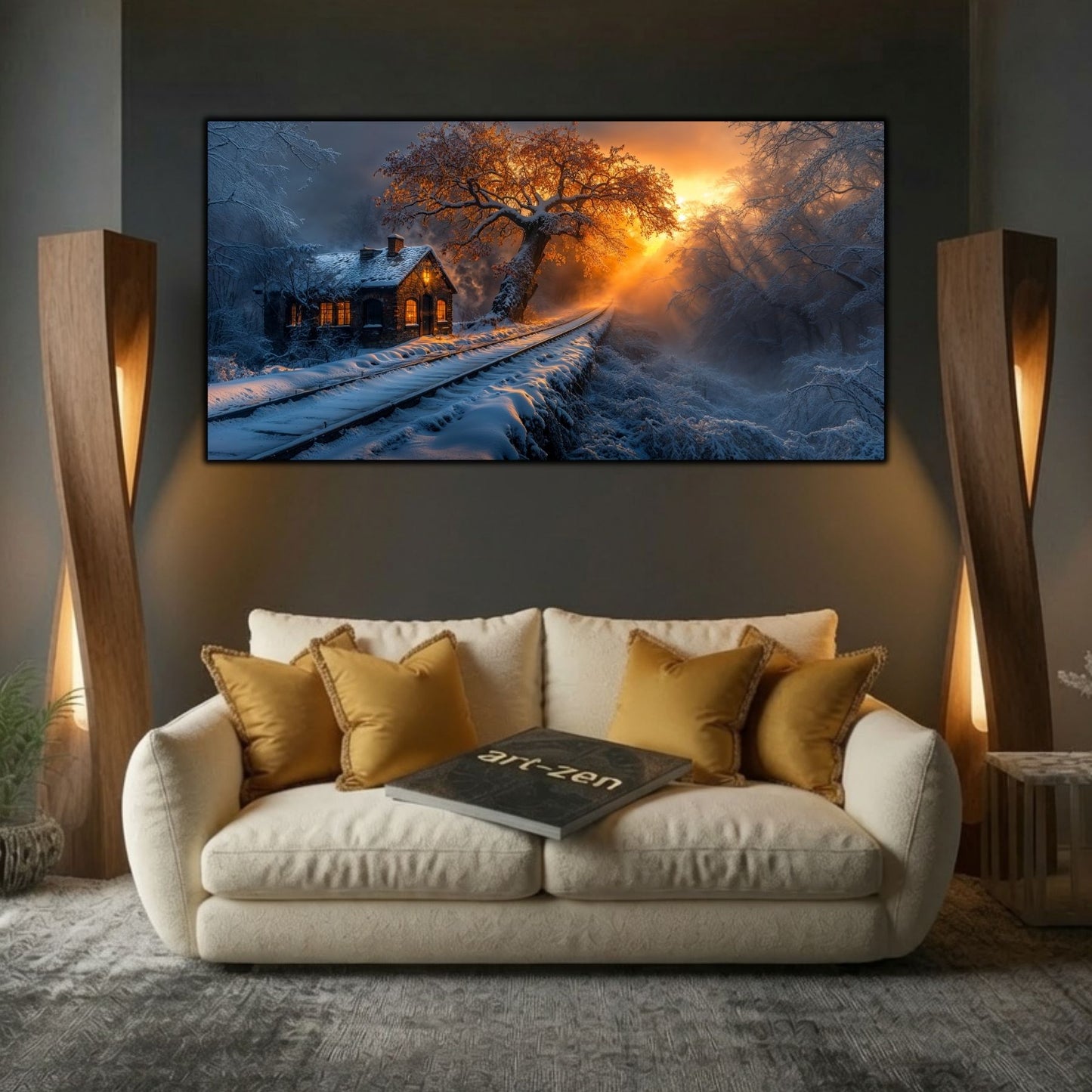 Tablou modern pentru sufragerie „The Return Line” – mockup decorativ cu drum, casă sau gară uitată