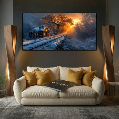 Tablou modern pentru sufragerie „The Return Line” – mockup decorativ cu drum, casă sau gară uitată