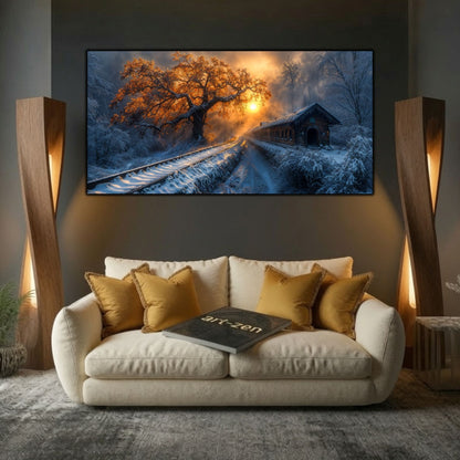 Tablou modern pentru sufragerie „Still Leaving” – mockup decorativ cu drum, casă sau gară uitată