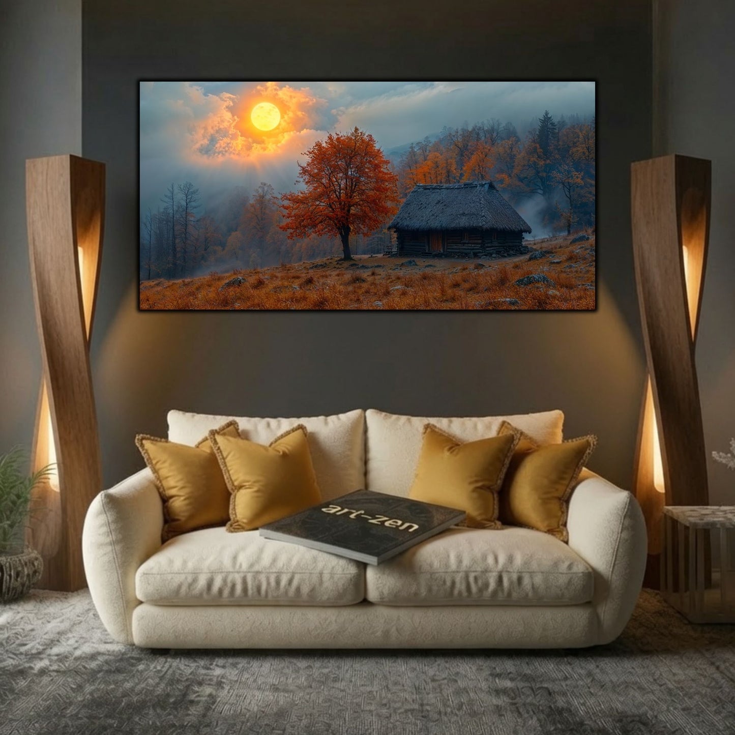 Tablou modern pentru sufragerie „The Orange Tree” – mockup decorativ cu drum, casă sau gară uitată