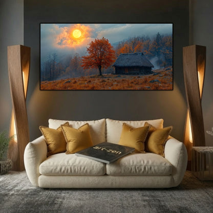 Tablou modern pentru sufragerie „The Orange Tree” – mockup decorativ cu drum, casă sau gară uitată
