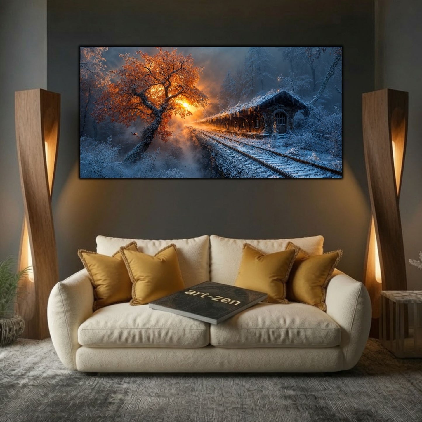Tablou modern pentru sufragerie „Station at Dusk” – mockup decorativ cu drum, casă sau gară uitată