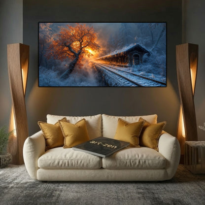 Tablou modern pentru sufragerie „Station at Dusk” – mockup decorativ cu drum, casă sau gară uitată