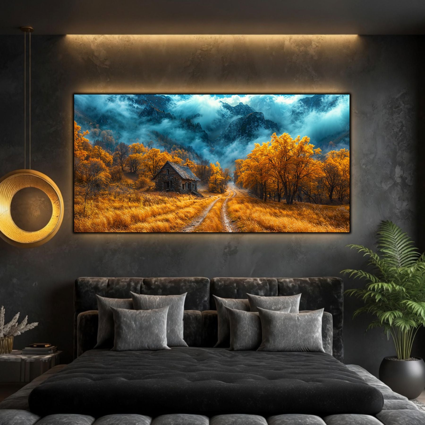 Tablou modern pentru sufragerie „The Mountain Keeps Watch” – peisaj din The Long Way Home în amenajare interioară