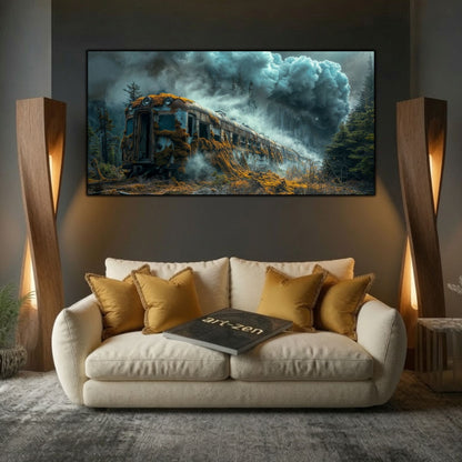 Tablou modern pentru sufragerie „The Train That Stayed” – mockup decorativ cu drum, casă sau gară uitată
