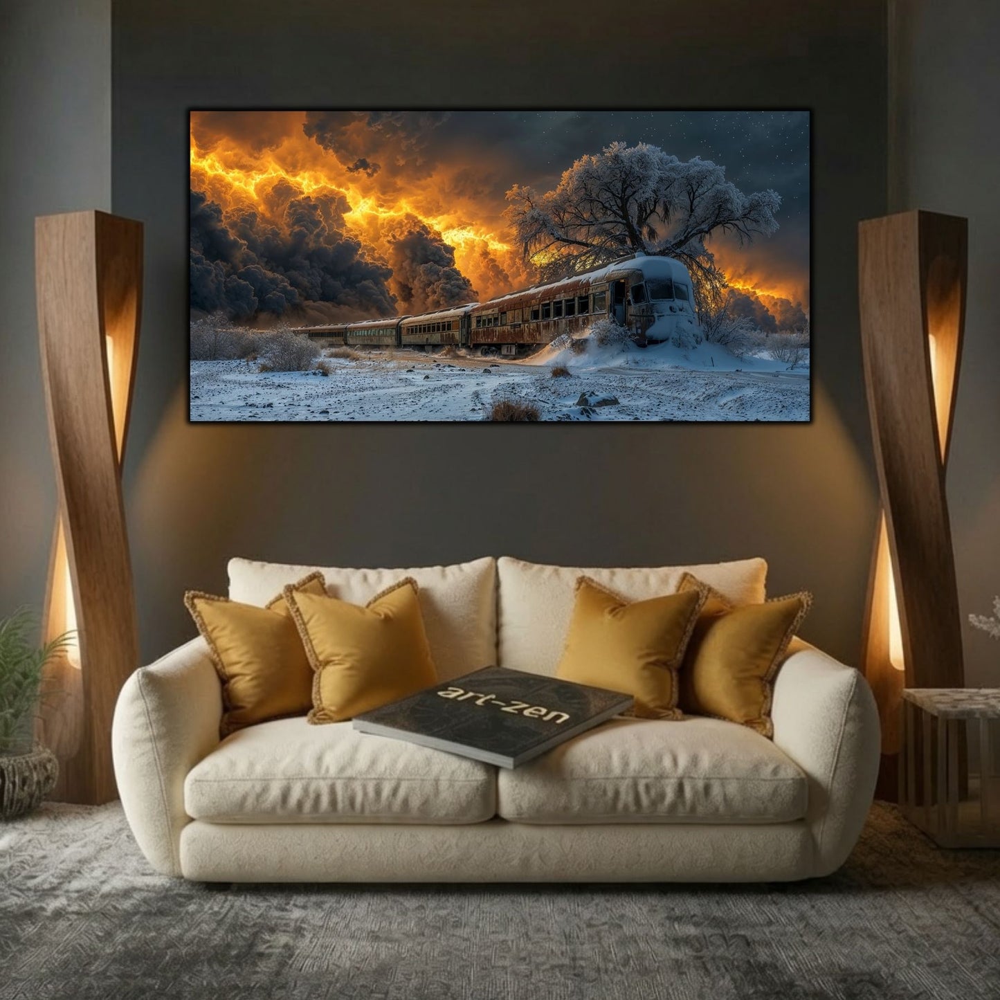 Tablou modern pentru sufragerie „Fire Over the Rails” – mockup decorativ cu drum, casă sau gară uitată