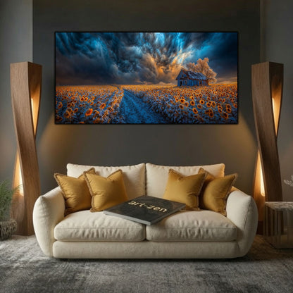 Tablou modern pentru sufragerie „The Field That Waits” – mockup decorativ cu drum, casă sau gară uitată