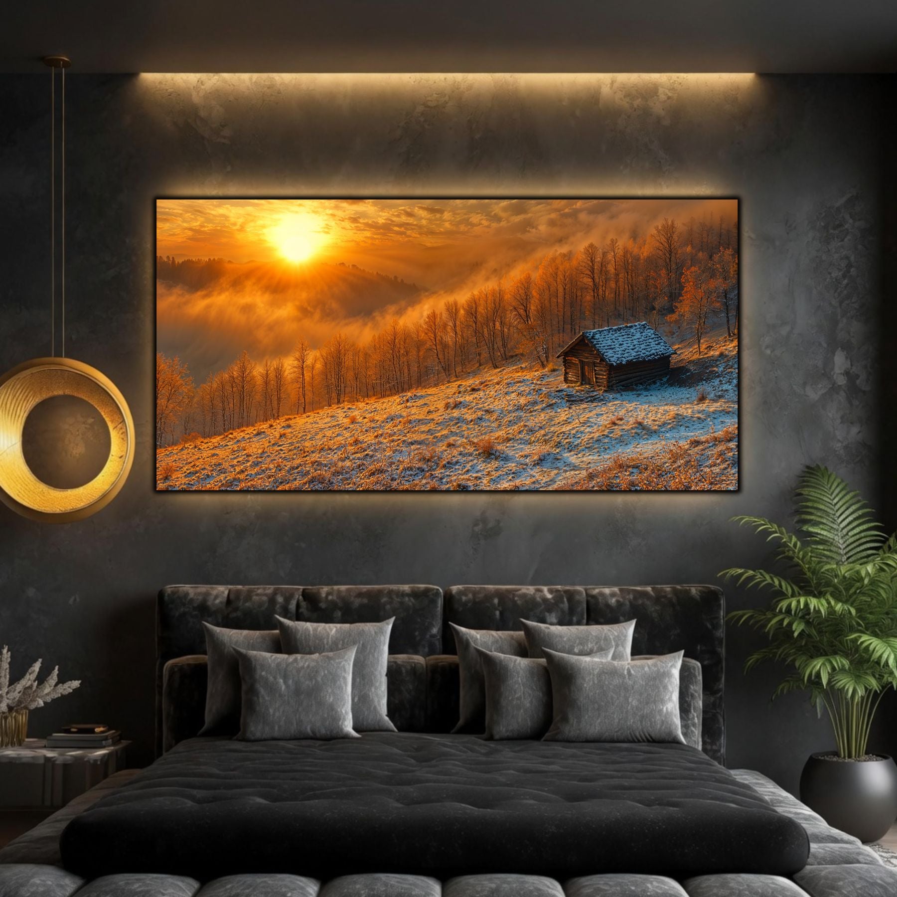 Tablou modern pentru sufragerie „The Winter Sun” – peisaj din The Long Way Home în amenajare interioară