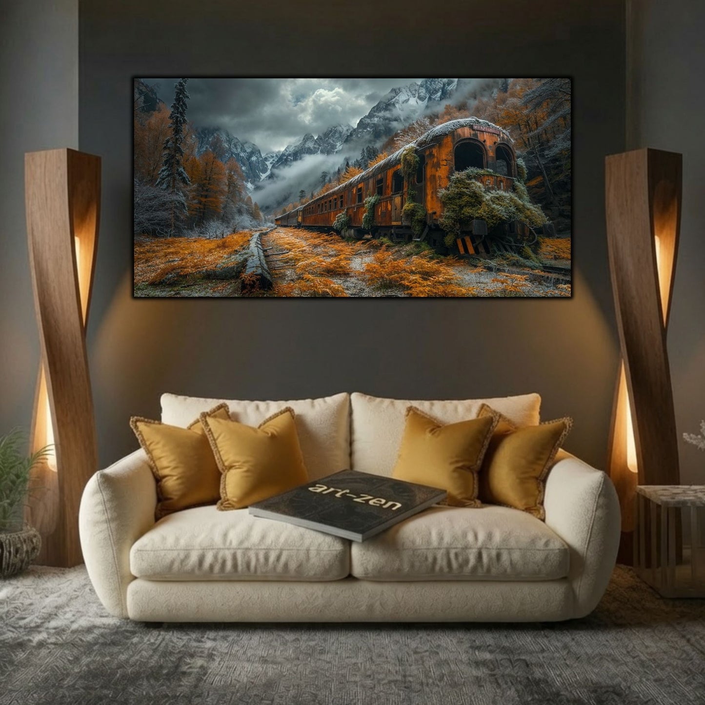 Tablou modern pentru sufragerie „Rusted Arrival” – mockup decorativ cu drum, casă sau gară uitată
