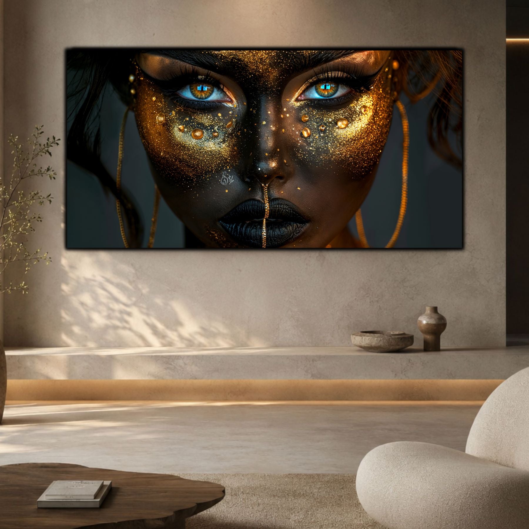 Tablou living modern Ritual Shadow sticla securizata 4mm - mockup perspectiva 3