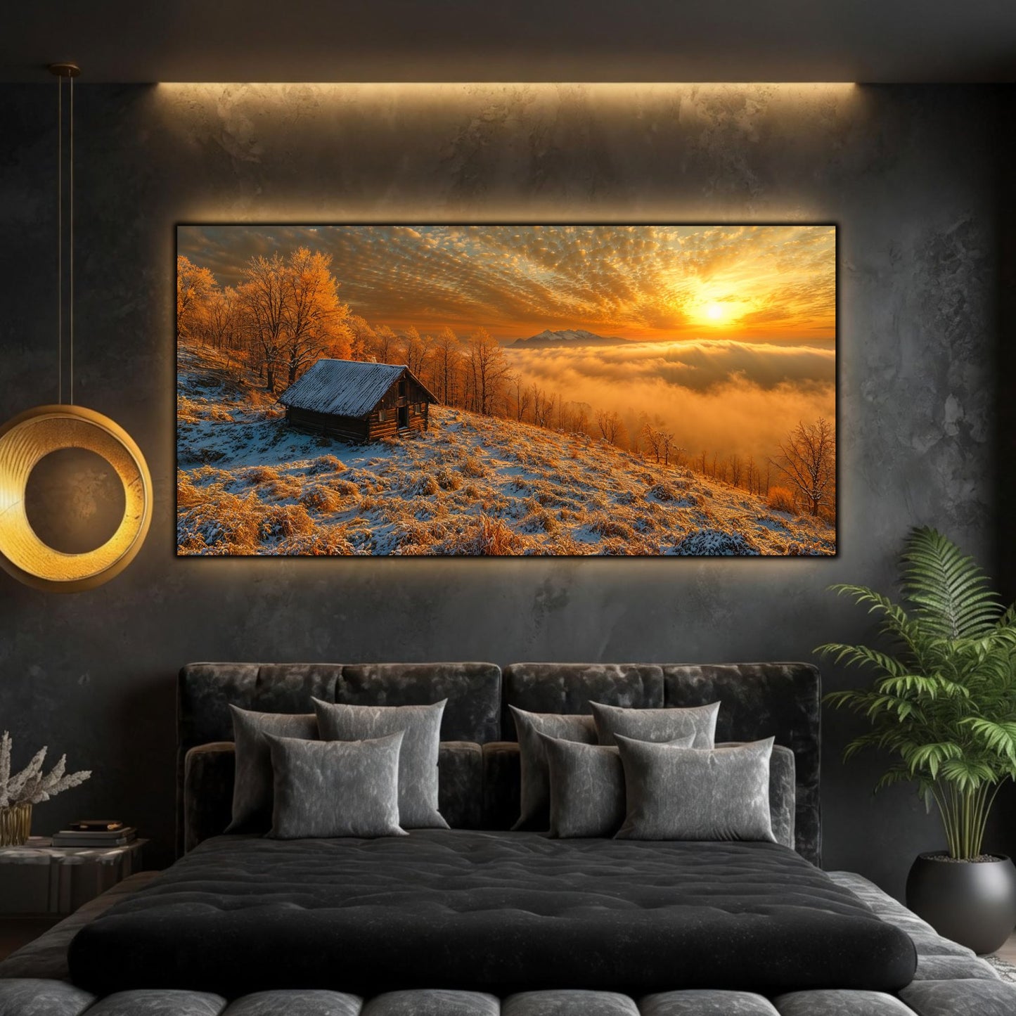 Tablou modern pentru sufragerie „Cabin at Daybreak” – peisaj din The Long Way Home în amenajare interioară