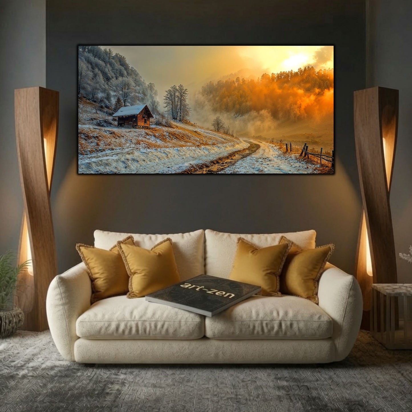 Tablou modern pentru sufragerie „Road Through Silence” – mockup decorativ cu drum, casă sau gară uitată