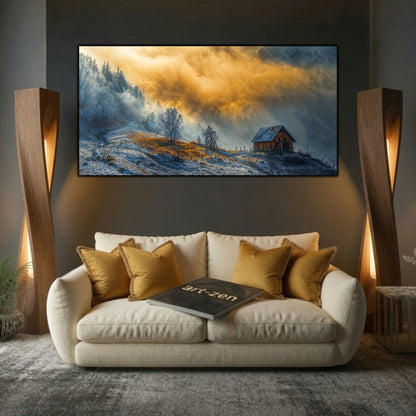 Tablou modern pentru sufragerie „House at the Edge” – mockup decorativ cu drum, casă sau gară uitată