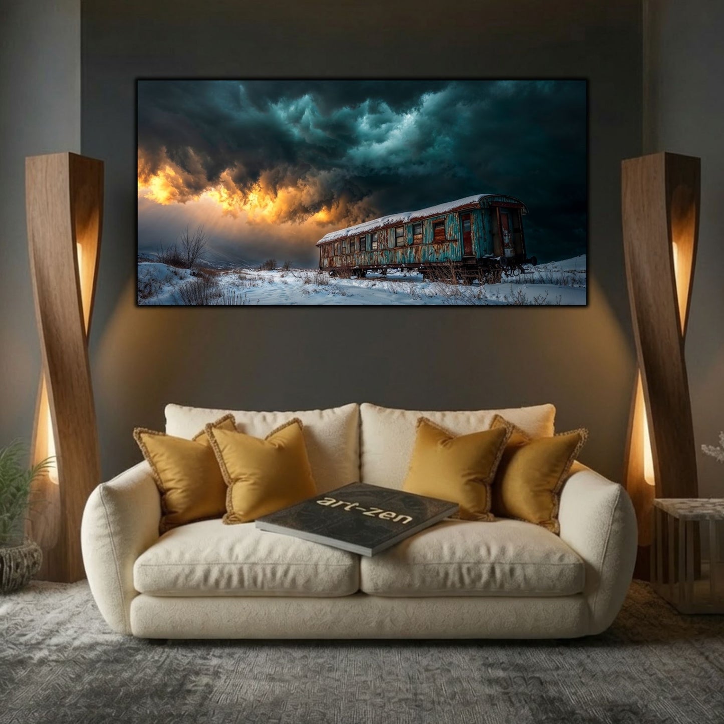 Tablou modern pentru sufragerie „Carriage of Ash” – mockup decorativ cu drum, casă sau gară uitată