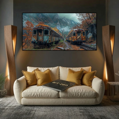 Tablou modern pentru sufragerie „Twin Ruins” – mockup decorativ cu drum, casă sau gară uitată