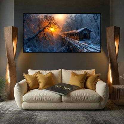 Tablou modern pentru sufragerie „Between Two Winters” – mockup decorativ cu drum, casă sau gară uitată