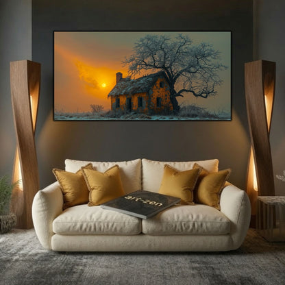 Tablou modern pentru sufragerie „Winter's Edge” – mockup decorativ cu drum, casă sau gară uitată