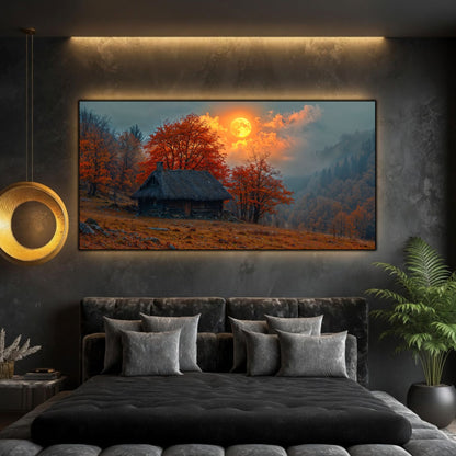Tablou modern pentru sufragerie „Moon Over the Cabin” – peisaj din The Long Way Home în amenajare interioară
