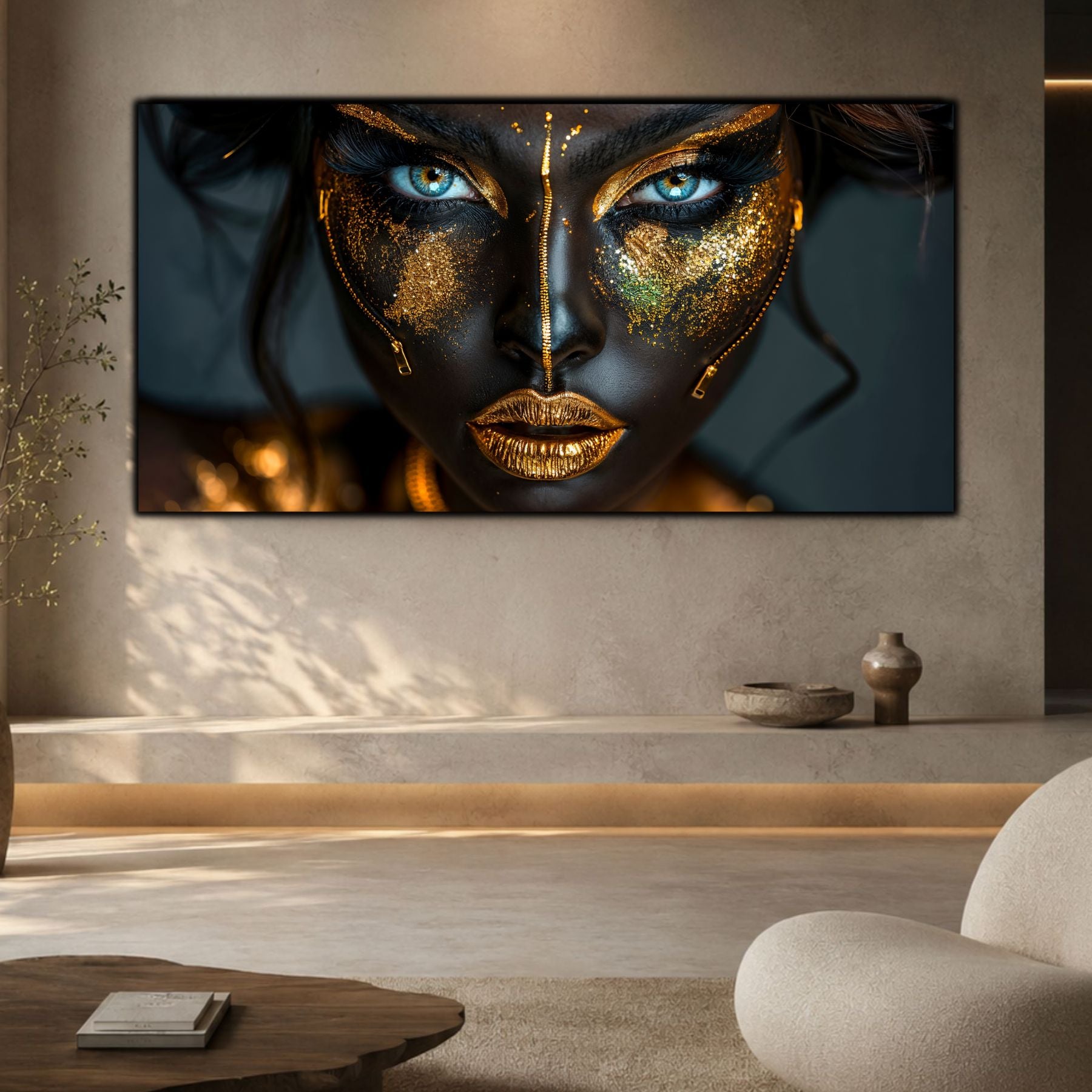 Tablou living elegant Gilded Silence sticla securizata 4mm - mockup perspectiva 3