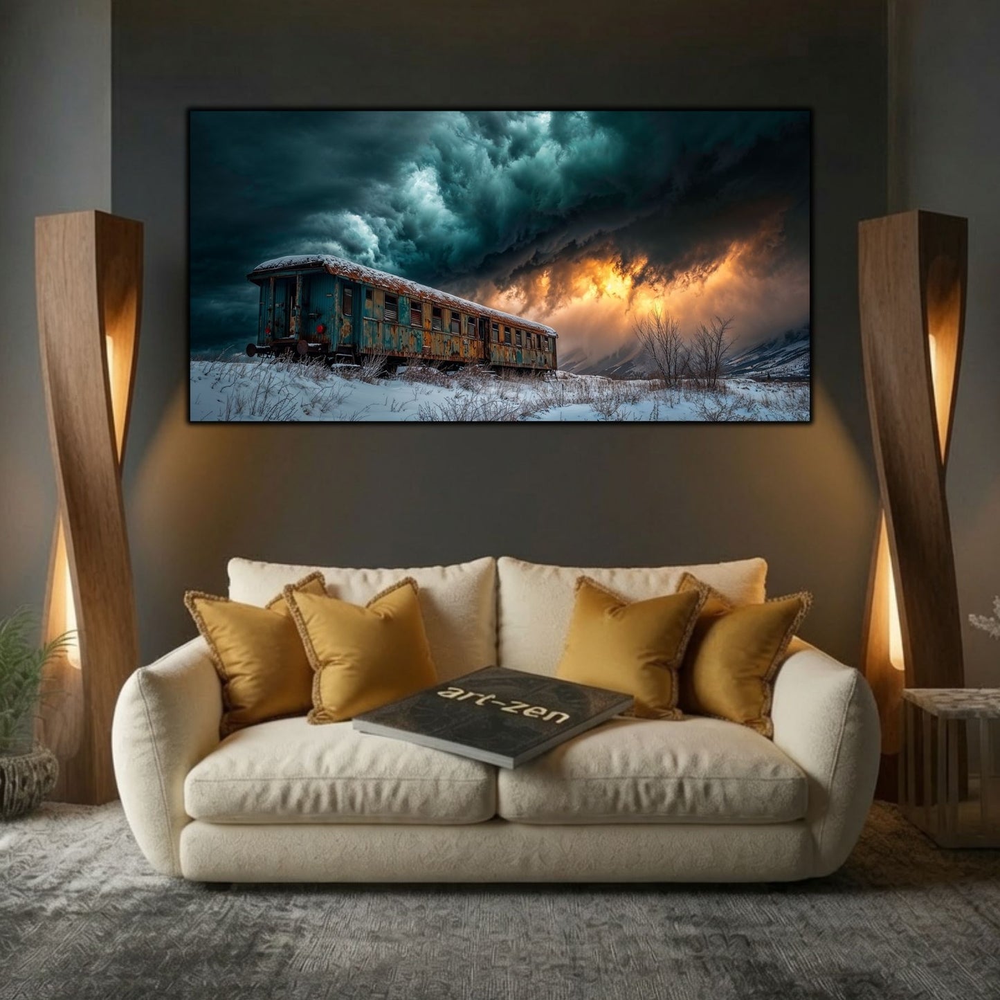 Tablou modern pentru sufragerie „Stormbound Carriage” – mockup decorativ cu drum, casă sau gară uitată